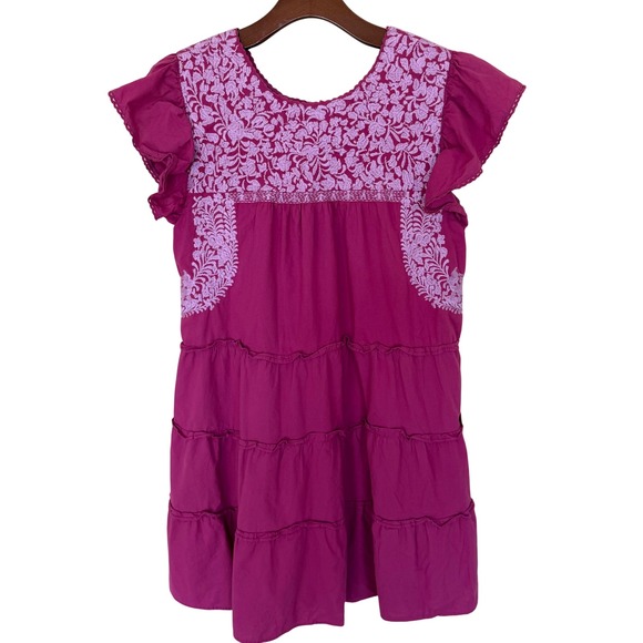 J. Marie Cotton Embroidered Ruffle Sleeve Popover Dress L Magenta/Berry - Picture 2 of 6